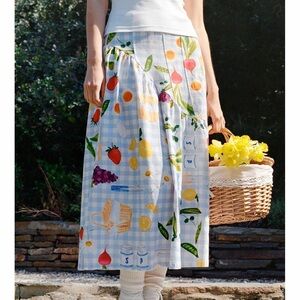 Lisa Says Gah Maeve Picnic Alfresco Midi Skirt Food Vegetable Blue Gingham M